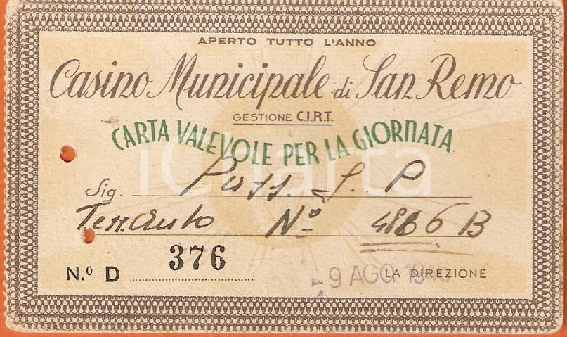 Oggetto da collezione cartaceo 1946 SANREMO IM Casinò municipale Biglietto valevole per la giornata 1