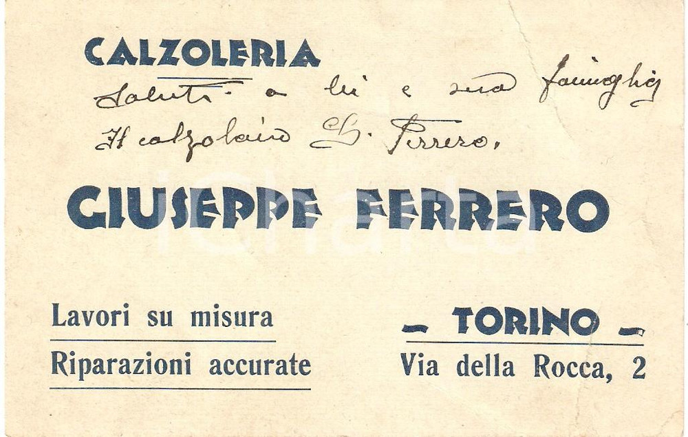 Oggetto da collezione cartaceo 1934 TORINO Giuseppe FERRERO Calzoleria Cartoncino pubblicitario 1