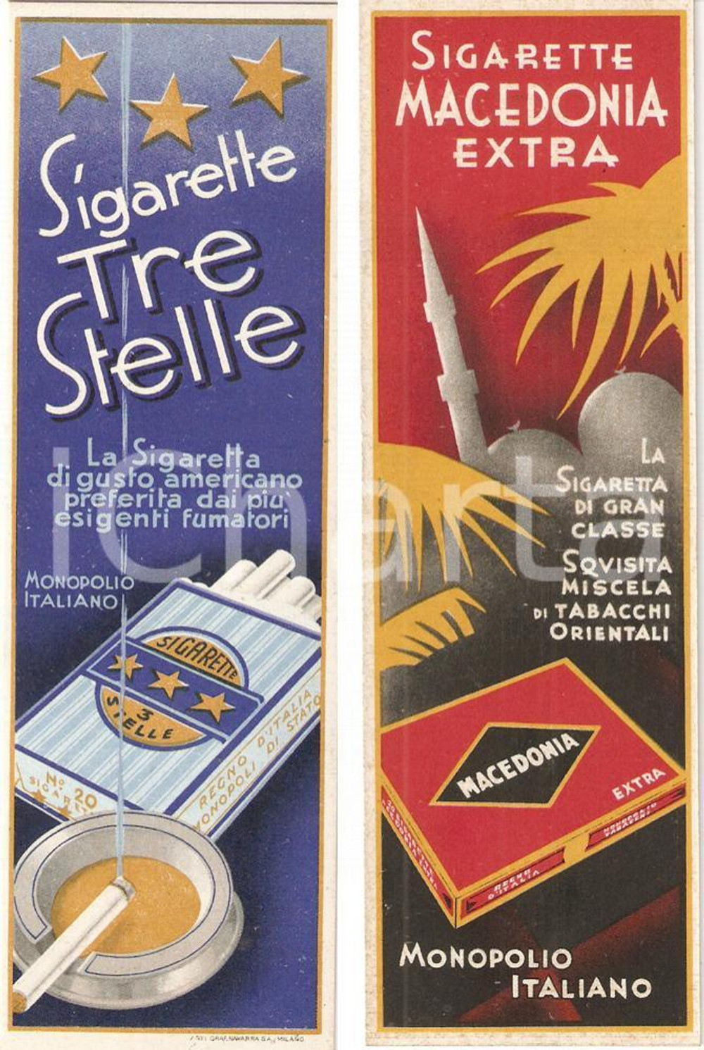 Oggetto da collezione cartaceo 1940 ca Sigarette coloniali TRE STELLE MACEDONIA EXTRA Segnalibro 1