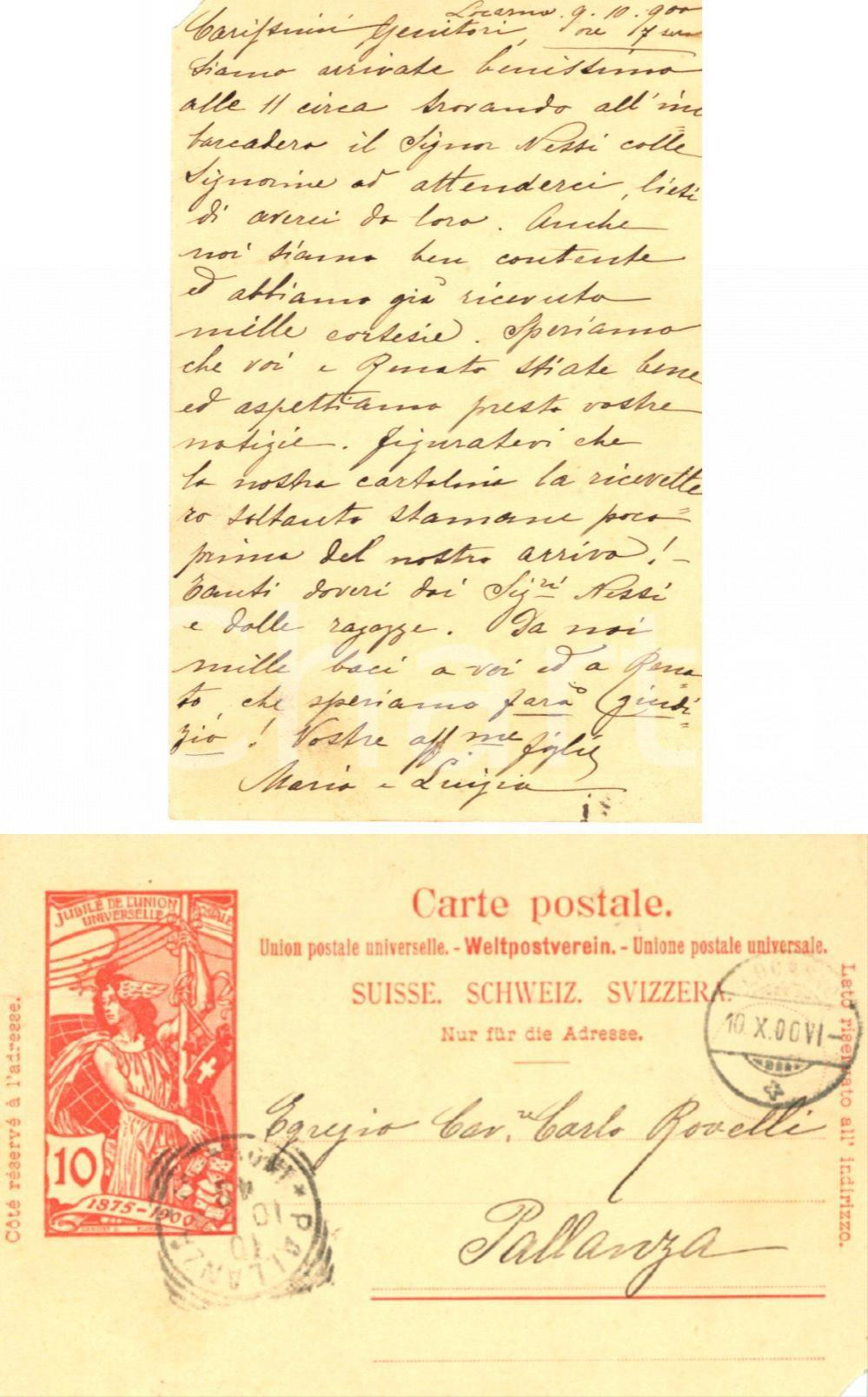 Cartolina originale da collezione 1900 LOCARNO CH Cartolina al cav. Carlo ROVELLI di PALLANZA dalle figlie FP 1