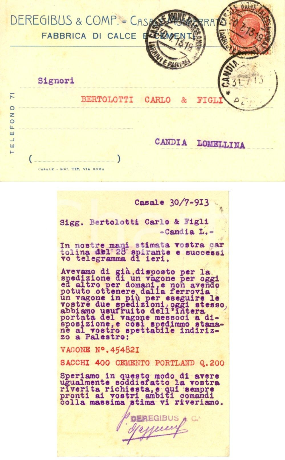 Cartolina originale da collezione 1913 CASALE MONFERRATO AL DEREGIBUS & C. fabbrica di calce e cementi FP VG 1