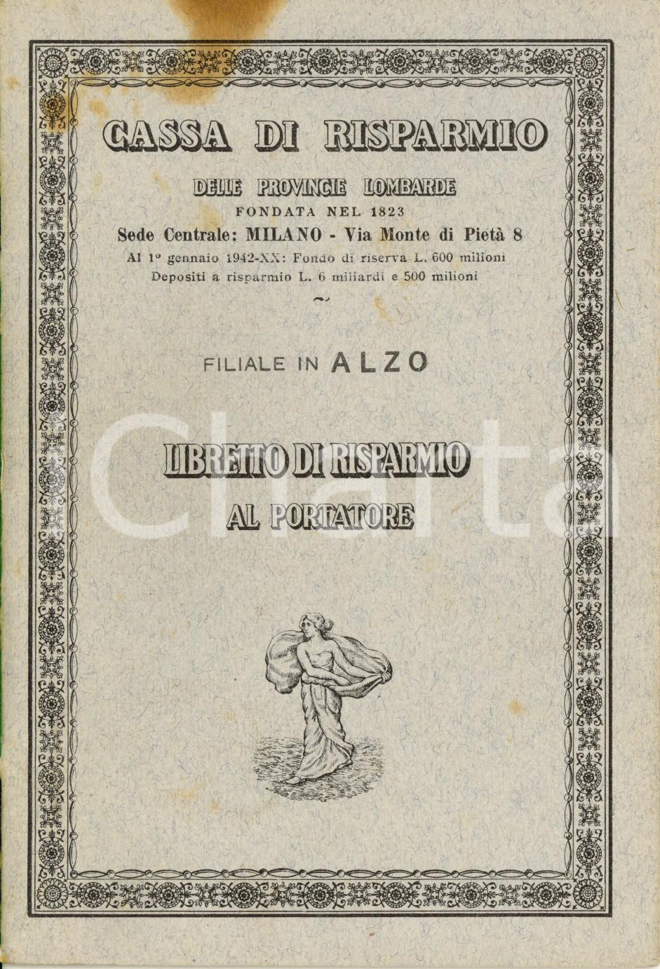 Documento originale, autentico 1944 ALZO NO Cassa di risparmio provincie lombarde Libretto al portatore 1