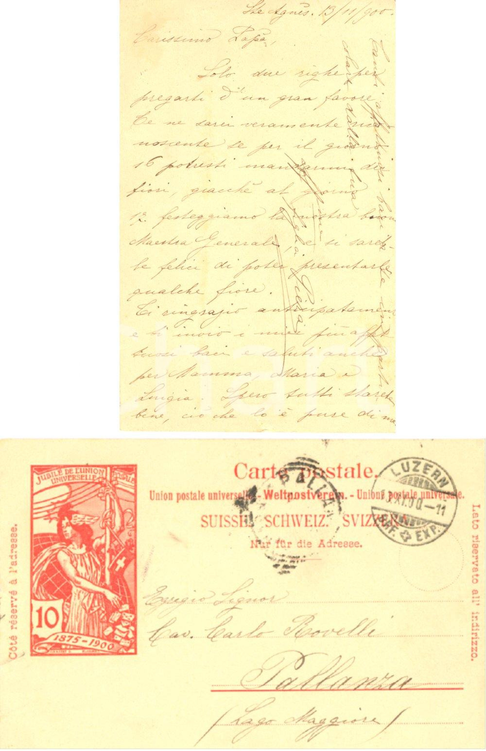 Autografo originale 1900 LUCERNA CH Cartolina al cav. Carlo ROVELLI di PALLANZA dalla figlia Piera 1