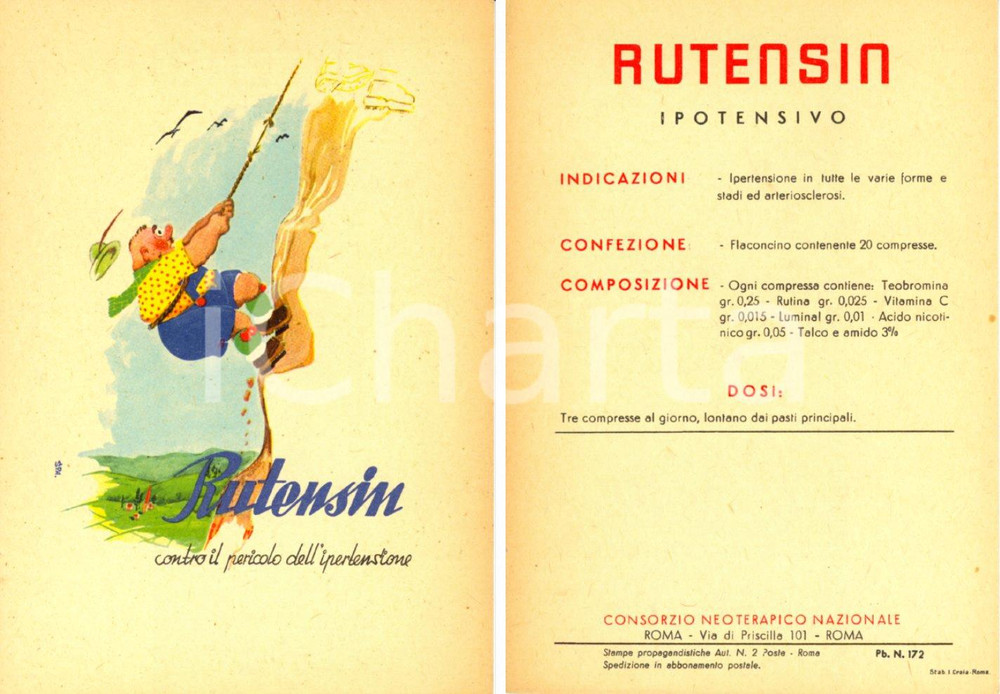 Materiale pubblicitario d’epoca 1955 ca ROMA Consorzio Neoterapico Nazionale RUTENSIN ipotensivo PubblicitÃ 1