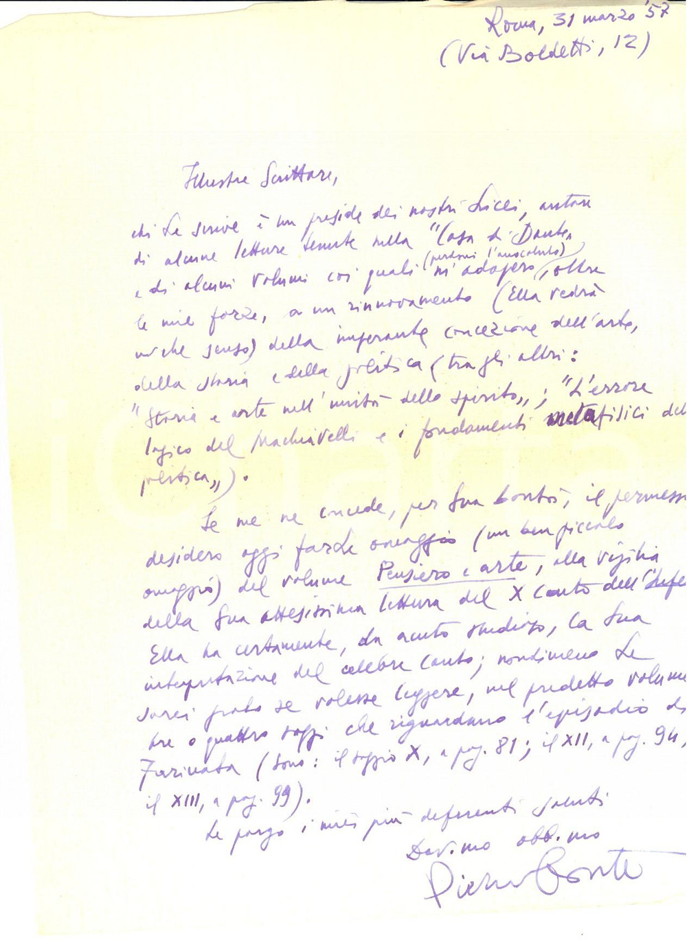 Autografo originale 1957 ROMA Scrittore Pietro CONTE invia volume  Pensiero e arte  AUTOGRAFO 1
