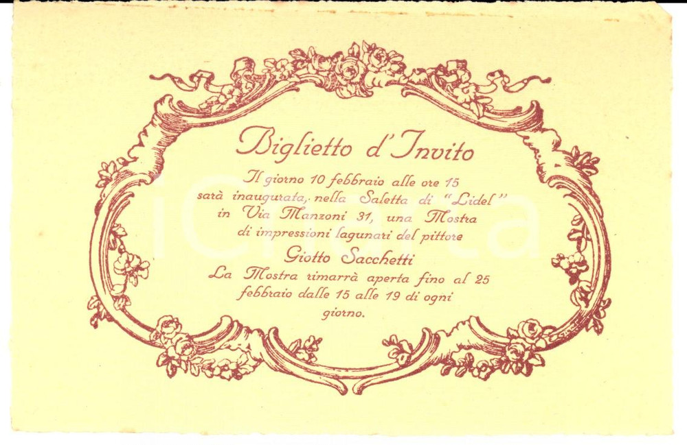 Oggetto da collezione cartaceo 1950 ca MILANO via MANZONI Invito alla mostra del pittore Giotto SACCHETTI 1