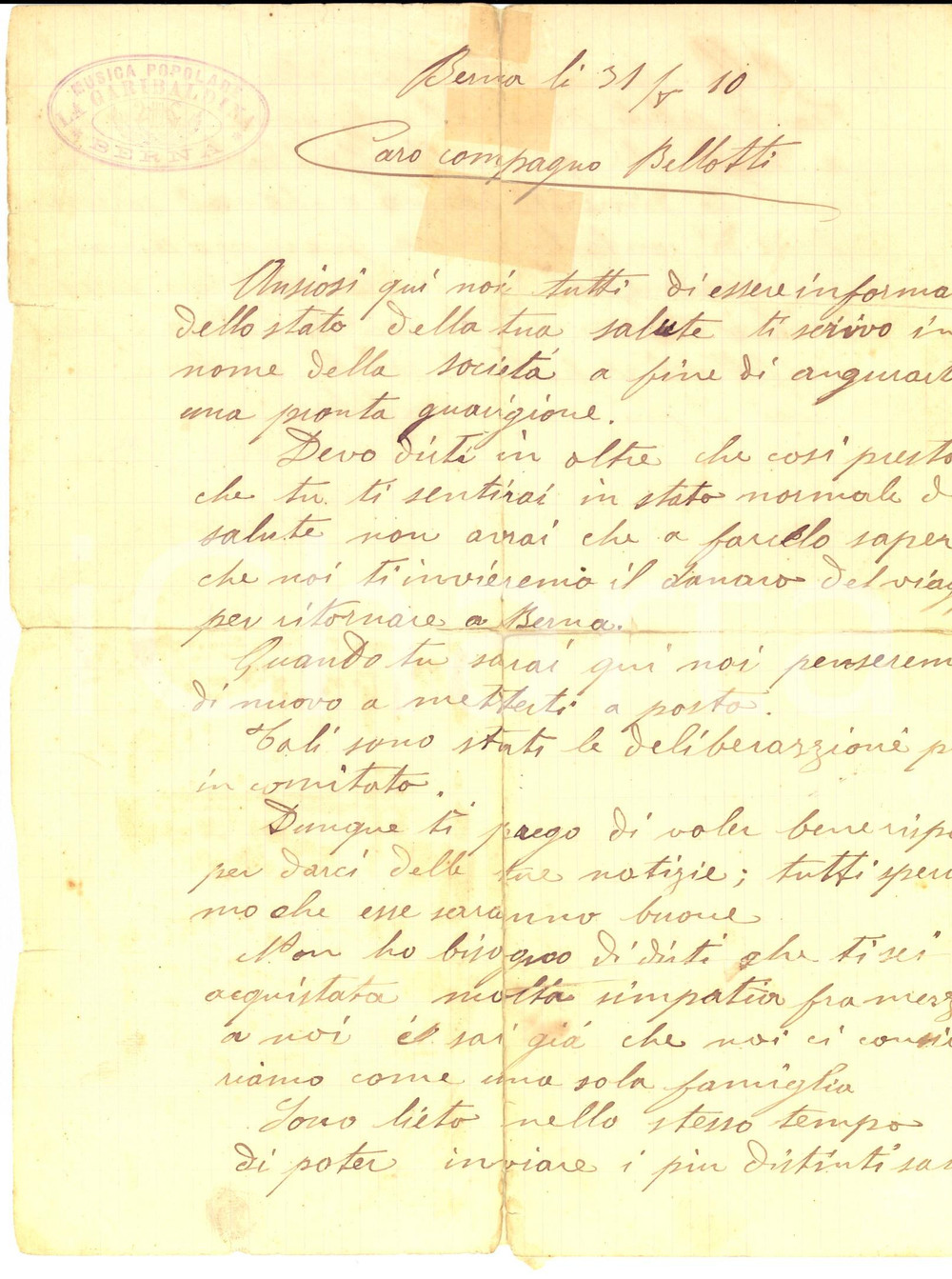 Manoscritto, lettera originale 1910 BERNA CH Musica popolare LA GARIBALDINA Auguri al compagno BELLOTTI 1