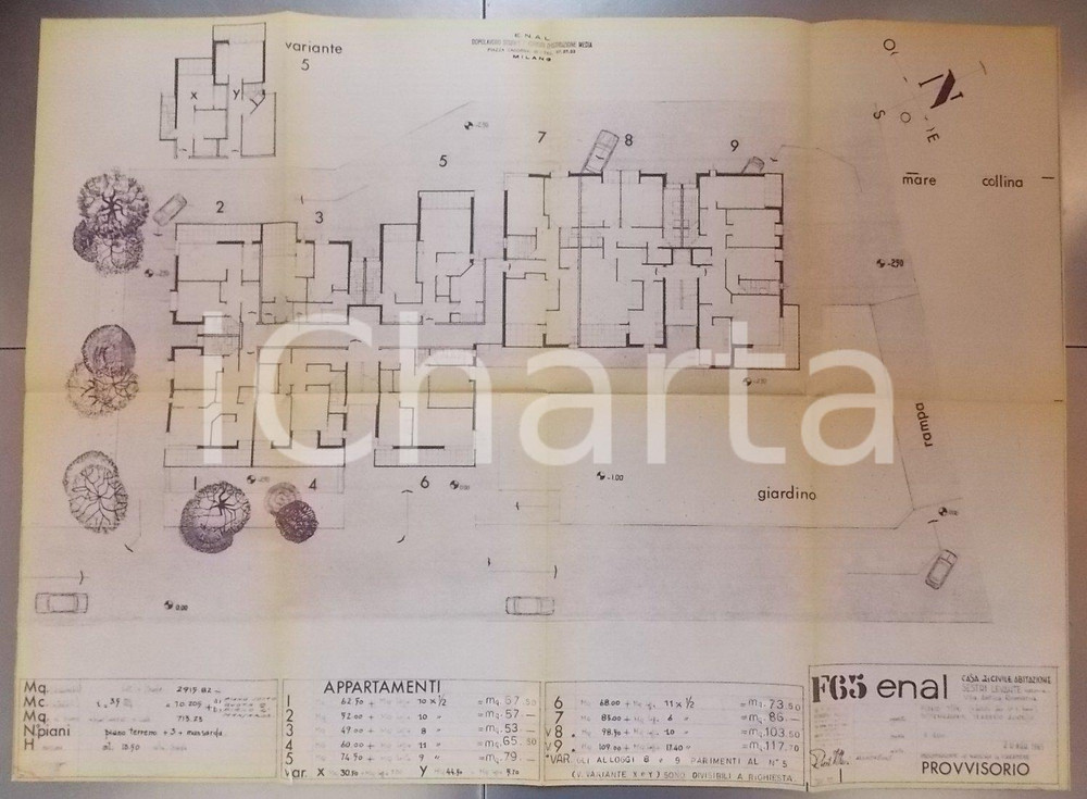 1965 SESTRI LEVANTE Immobile cooperativa SELEMAR ENAL Milano *PLANIMETRIA (1)  DATA: 1965LUOGO: SESTRI LEVANTE (GE) - VIA ANTICA ROMANATITOLO: E.N.A.L. DOPOLAVORO MILANOAPPARTAMENTI DELLA COOPERATIVA "SELEMAR S. R. L."  DESCRIZIONE: Planimetria d'epoca, con tracce di colore eseguite a mano, di carattere provvisorio; presenta la divisione dell'immobile in appartamenti, compresa una variante.CONDIZIONI: buone (ma bruniture in corrispondenza delle piegature d'epoca).  PAGINE: 1  FORMATO: 84 x 62 cm  Documento d'epoca, originale, autentico.   originale e autentica 1