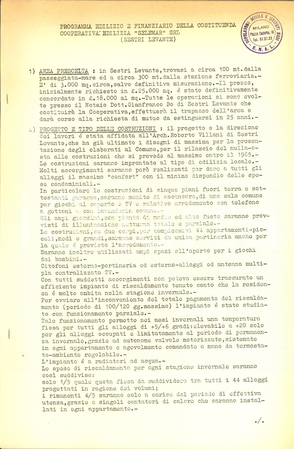 Documento originale, autentico 1965 MILANO ENAL scuola media Programma edilizio cooperativa edilizia SELEMAR 1
