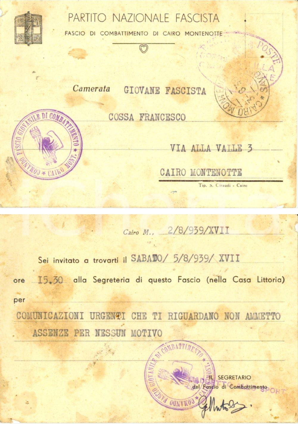 Cartolina originale da collezione 1939 CAIRO MONTENOTTE SV PNF Fascio di combattimento Cartolina INTESTATA FG VG 1
