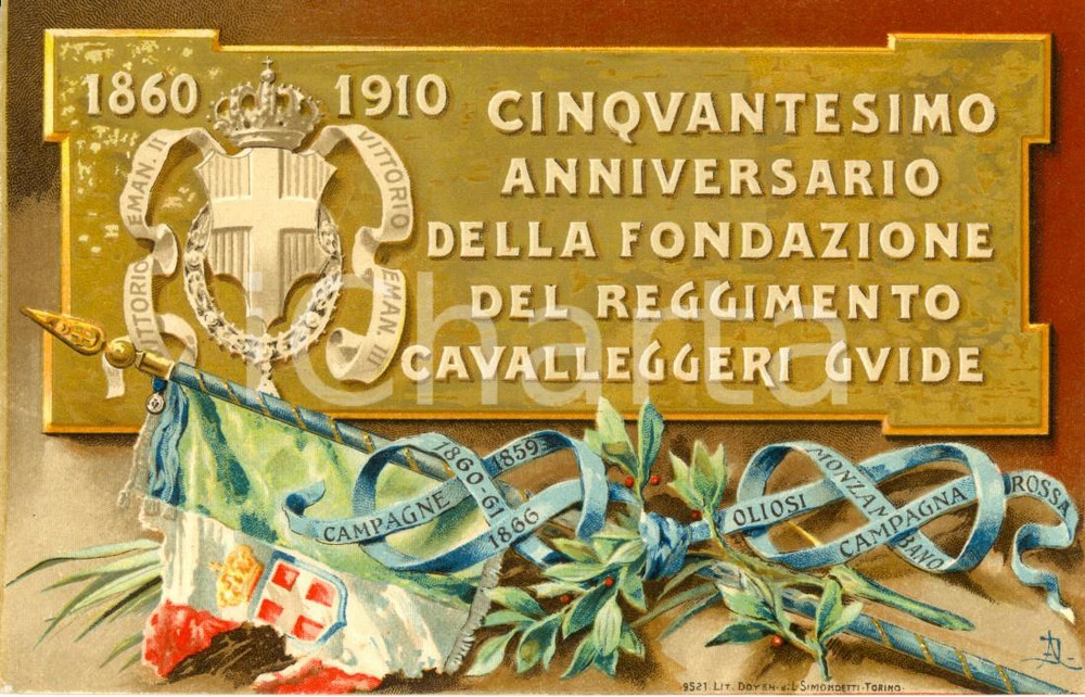 Cartolina originale da collezione 1910 Reggimento CAVALLEGGERI GUIDE 50° anniversario fondazione ILLUSTRATA FP NV 1
