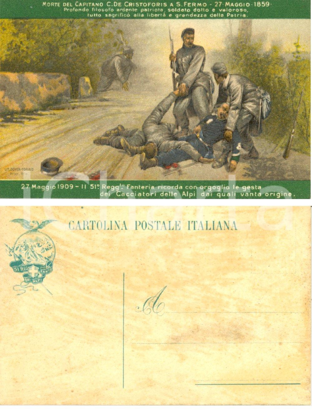 Cartolina originale da collezione 1909 51° Reggimento fanteria ALPI Morte capitano Carlo DE CRISTOFORIS FP NV 1