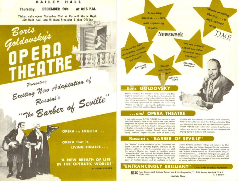 Materiale pubblicitario d’epoca 1954 ITHACA USA BAILEY HALL Boris GOLDOVSKY s Opera Theatre Barber of Seville 1