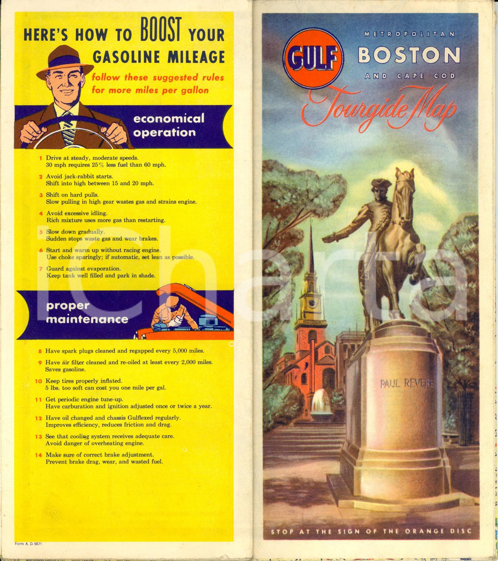 Materiale pubblicitario d’epoca 1955 ca Metropolitan BOSTON and Cape COD tourgide map Pubblicitaria GULF 1