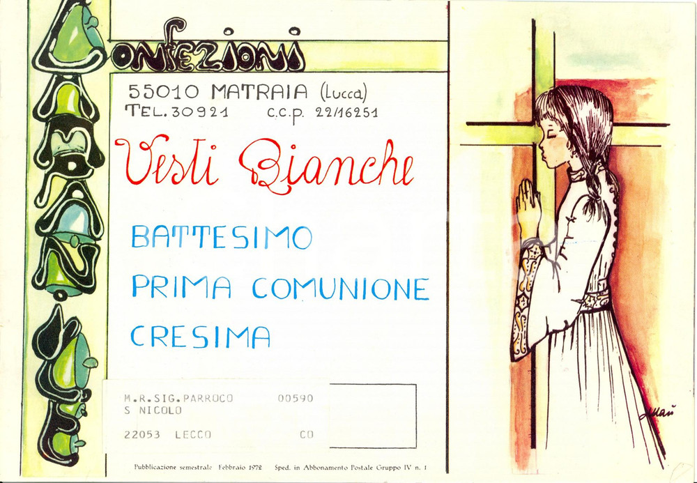 Materiale pubblicitario d’epoca 1972 MATRAIA LU Confezioni CAMPANILE vesti bianche e casule Catalogo 1