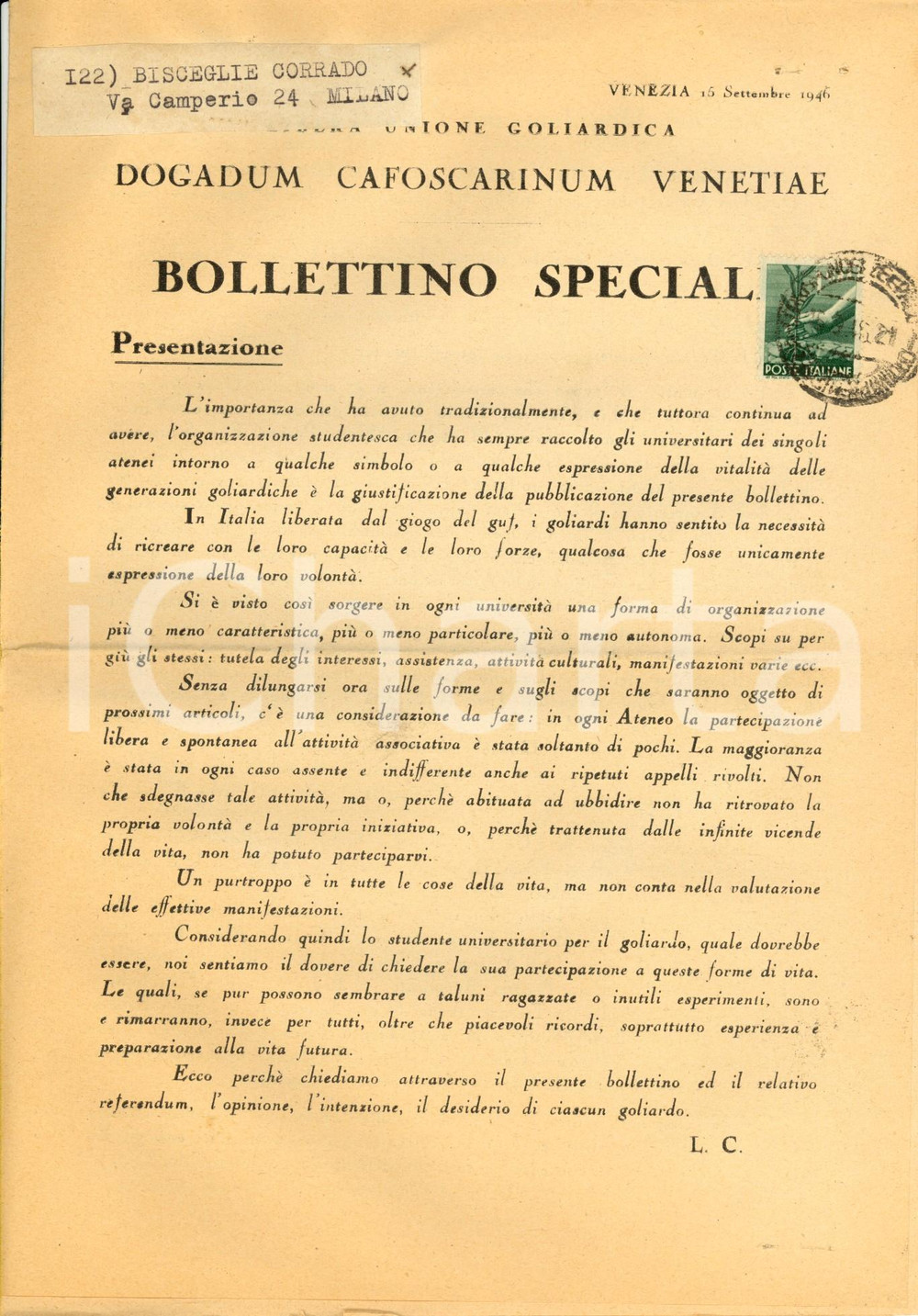 Libro, pubblicazione d epoca 1946 VENEZIA Libera Unione Goliardica DOGADUM CAFOSCARINUM Bollettino speciale 1