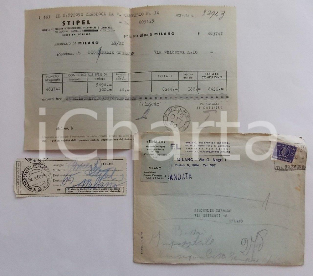 Documento originale, autentico 1950 MILANO STIPEL Fattura cambio indirizzo Corrado BISCEGLIE e assegno Lotto 1