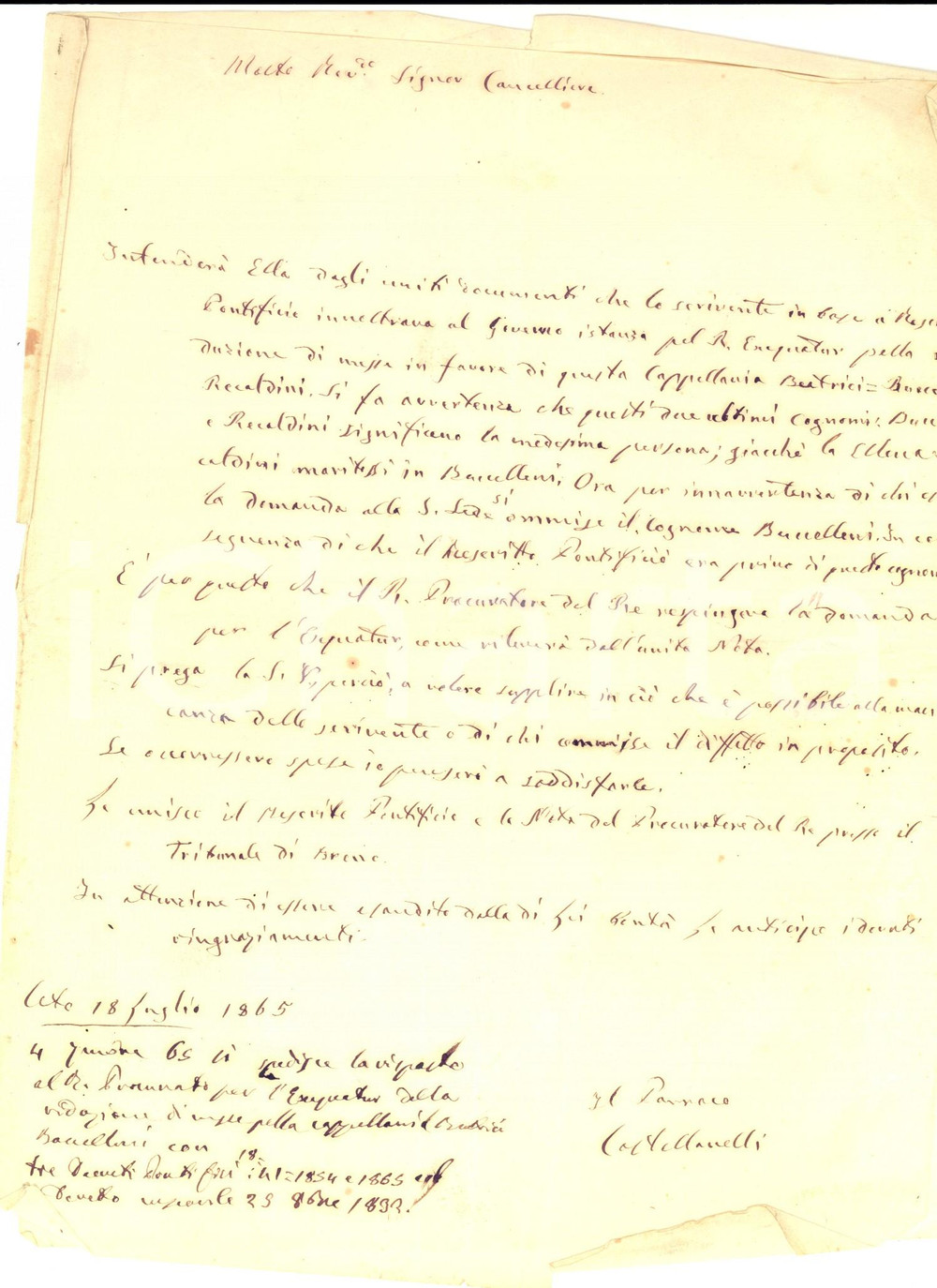 Documento originale, autentico 1865 CETO BS Don CASTELLANELLI chiede riduzione Messe cappellania BUCCELLANI 1