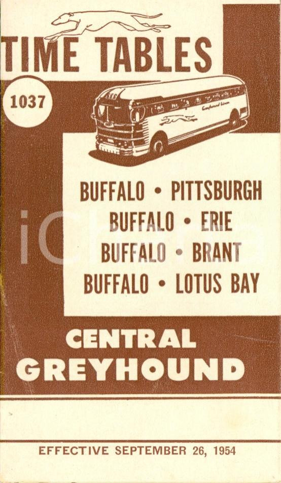 Materiale pubblicitario d’epoca 1954 BUFFALO NEW YORK CENTRAL GREYHOUND bus service Timetables 1037 Opuscolo 1
