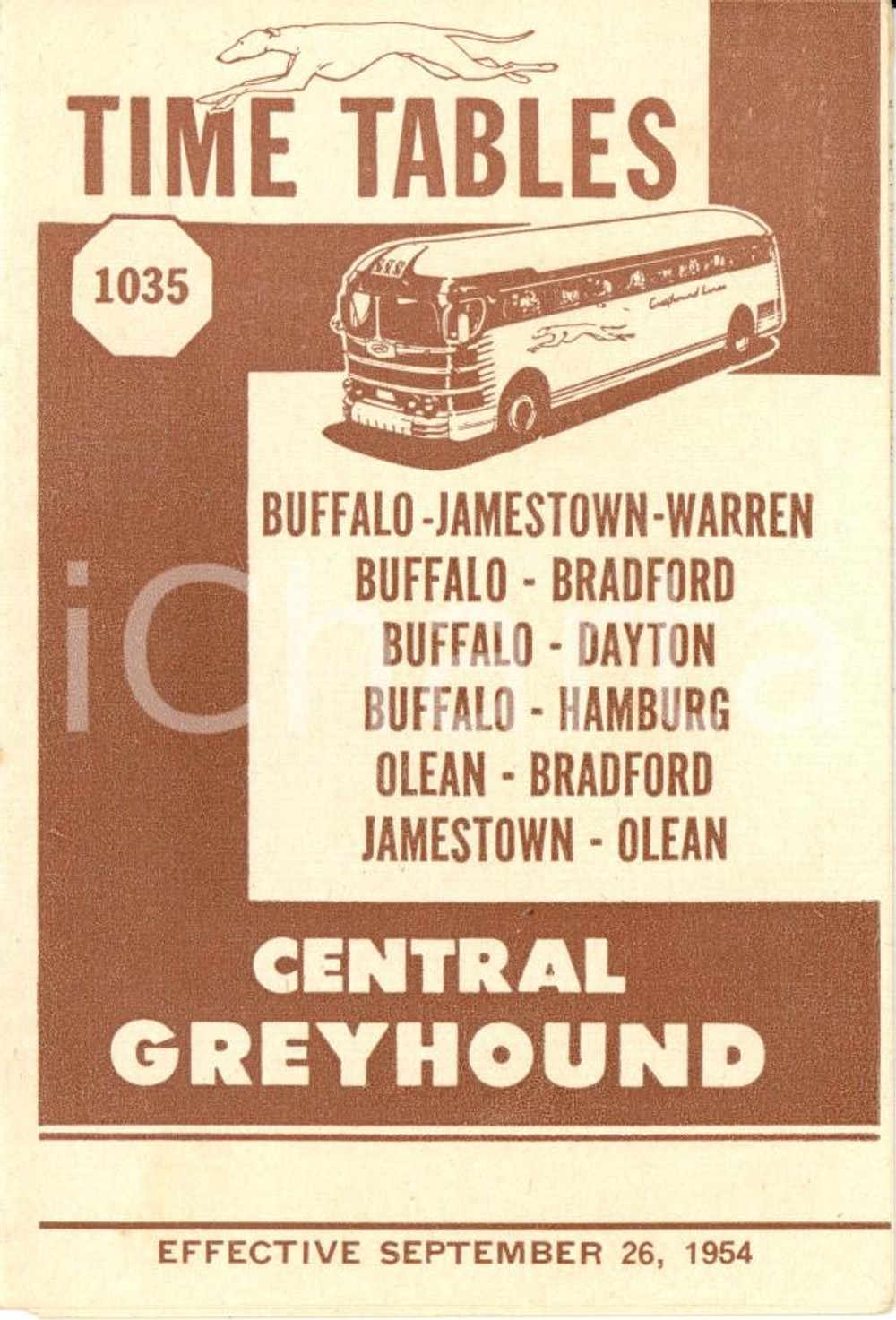 Materiale pubblicitario d’epoca 1954 BUFFALO NEW YORK CENTRAL GREYHOUND bus service Timetables 1035 Opuscolo 1