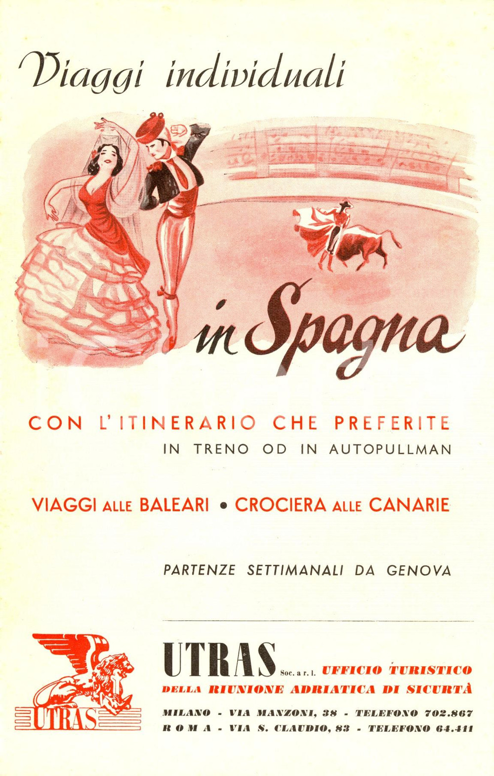 Materiale pubblicitario d’epoca 1953 MILANO  ROMA UTRAS RAS Viaggi indimenticabili in SPAGNA Dépliant turistico 1