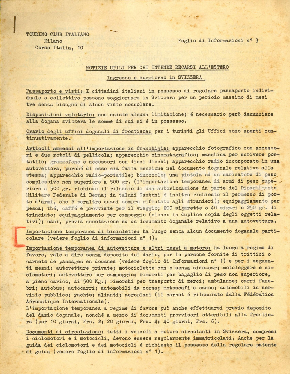 Materiale pubblicitario d’epoca 1952 MILANO TOURING CLUB Notizie utili per ingresso e soggiorno in SVIZZERA 1