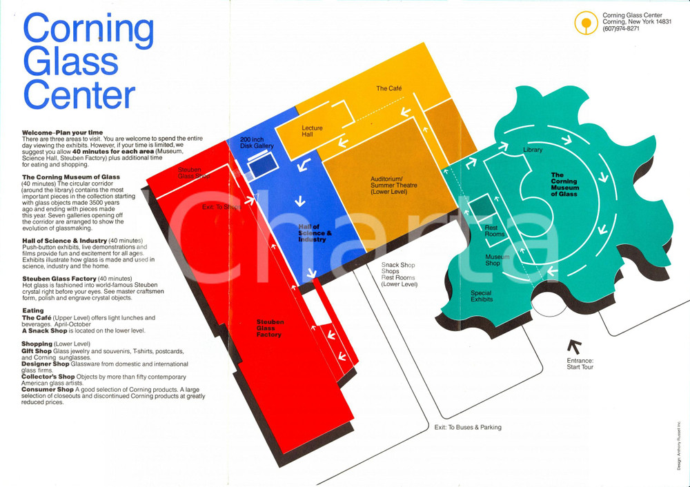 Materiale pubblicitario d’epoca 1980 ca CORNING NEW YORK Discover the GLASS CENTER Opuscolo con piantina 1