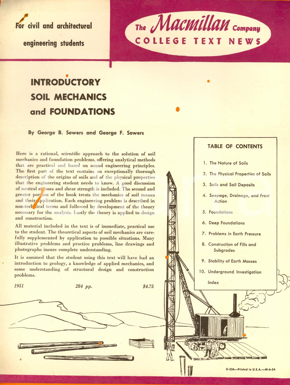 Materiale pubblicitario d’epoca 1954 MACMILLAN college text news George B. George F. SOWERS Soil mechanics 1 1