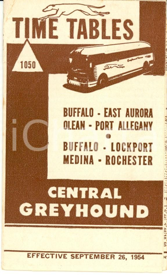 Materiale pubblicitario d’epoca 1954 BUFFALO NEW YORK CENTRAL GREYHOUND bus service Timetables 1050 Opuscolo 1