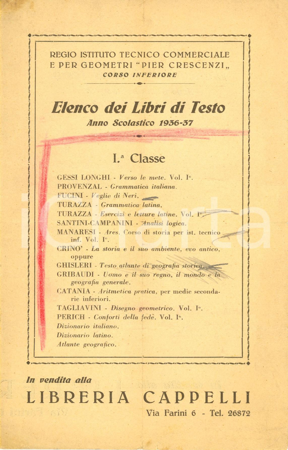 Materiale pubblicitario d’epoca 1936 BOLOGNA Libreria CAPPELLI Elenco libri testo Regio Istituto PIER CRESCENZI 1