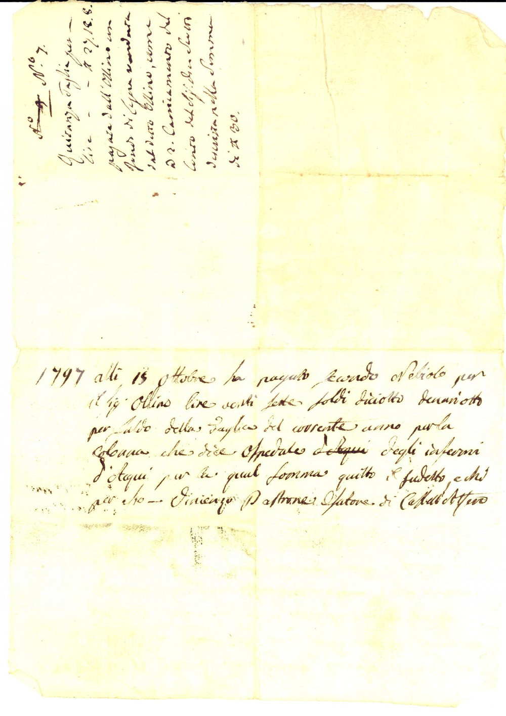 Documento originale, autentico 1797 CASTELL ALFERO AT Secondo NEBBIOLO versa taglia per conto di OLLINO 1