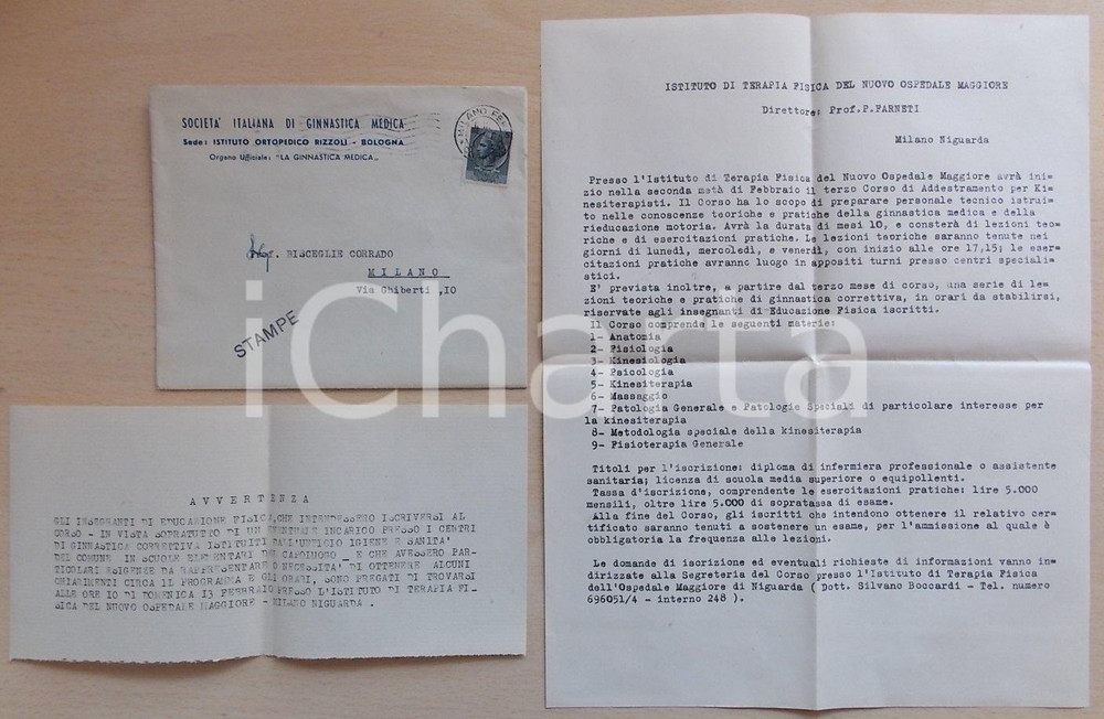Materiale pubblicitario d’epoca 1950 ca BOLOGNA SocietÃ  Ginnastica Medica Corso kinesiterapisti a MILANO Lotto 1