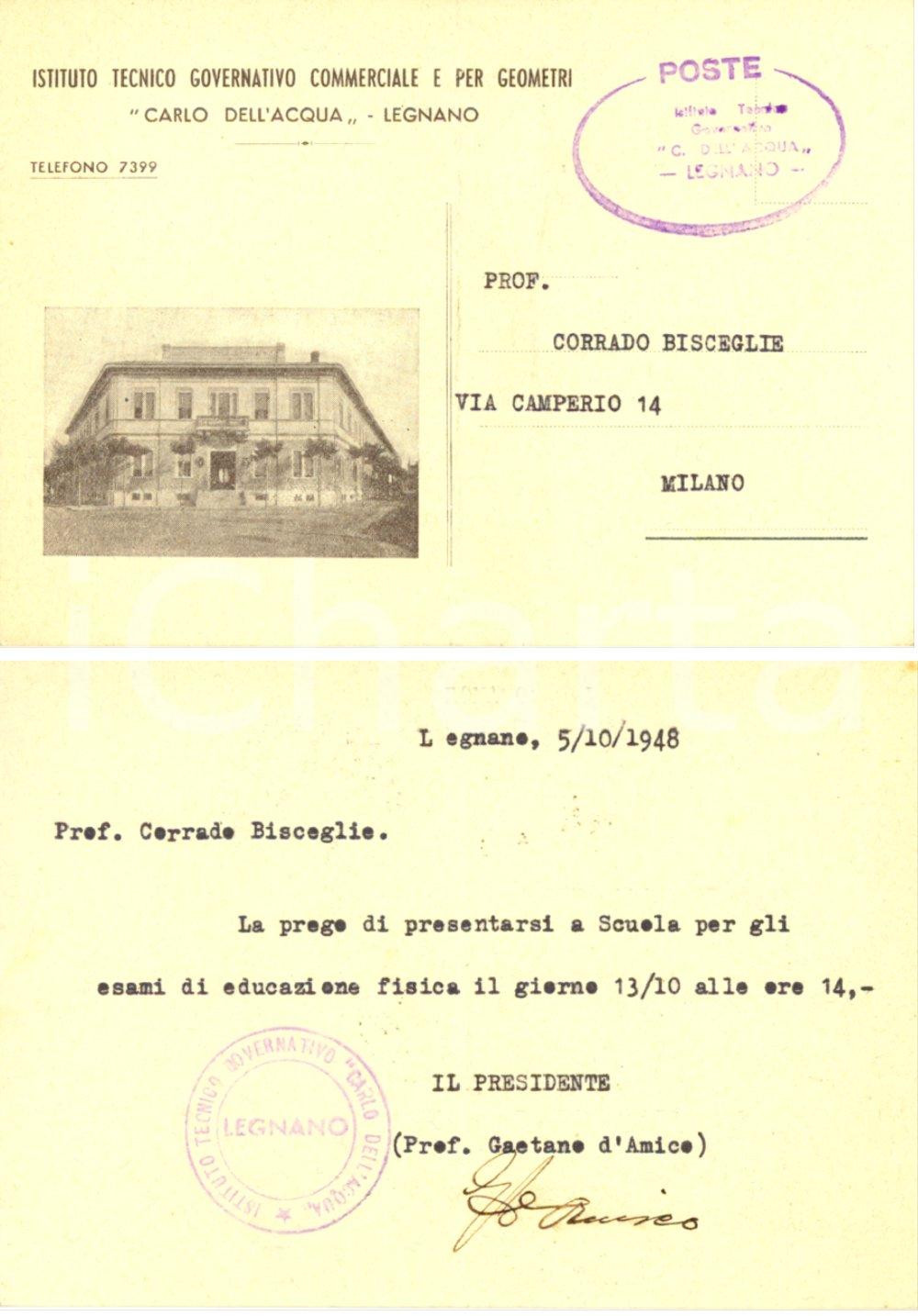 Documento originale, autentico 1948 LEGNANO MI Ist. commerciale geometri DELL ACQUA Intestata FG Autografo 1