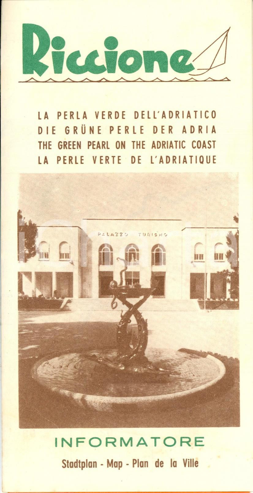Materiale pubblicitario d’epoca 1959 RICCIONE RN Perla verde ADRIATICO Mappa pubblicitaria con elenco alberghi 1