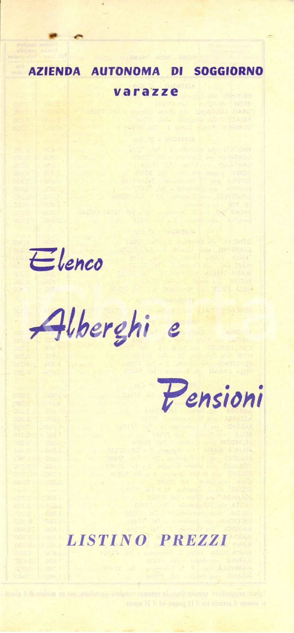 Materiale pubblicitario d’epoca 1955 ca VARAZZE SV Elenco alberghi e pensioni AZIENDA AUTONOMA di SOGGIORNO 1