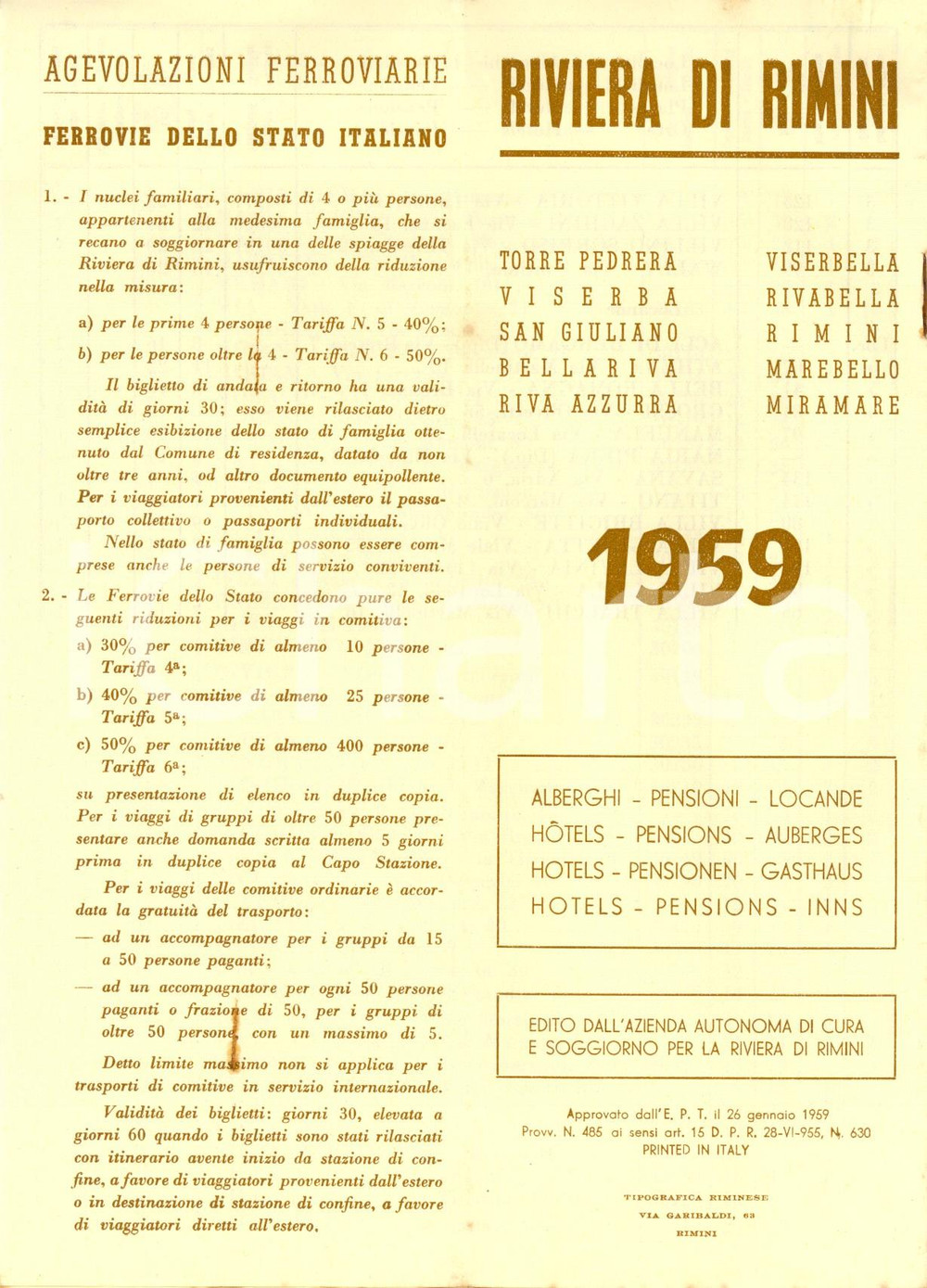Materiale pubblicitario d’epoca 1959 Riviera di RIMINI Elenco alberghi pensioni locande AZIENDA CURA SOGGIORNO 1