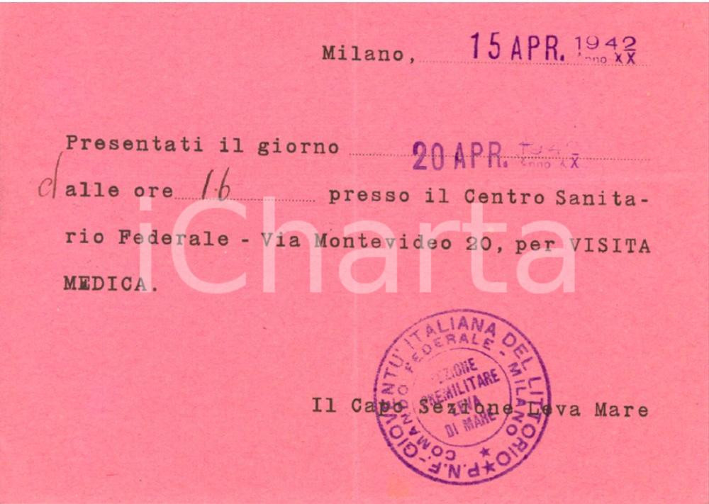 Cartolina originale da collezione 1942 MILANO GIL Comando federale Richiamo visita medica Cartolina INTESTATA FG 1