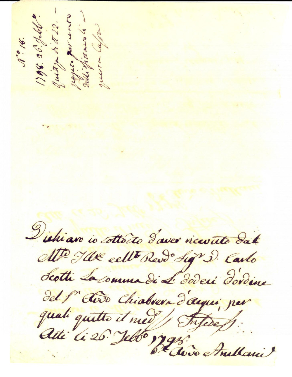Documento originale, autentico 1798 ASTI Ricevuta avvocato AVELLANI per denaro dal rev. don Carlo SCOTTI 1
