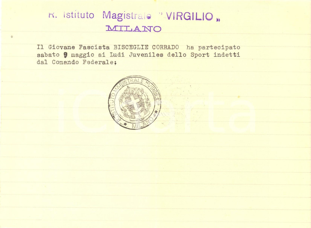 Documento originale, autentico 1940 ca MILANO Ist. VIRGILIO Corrado BISCEGLIE a Ludi Jueniles sport Attestato 1