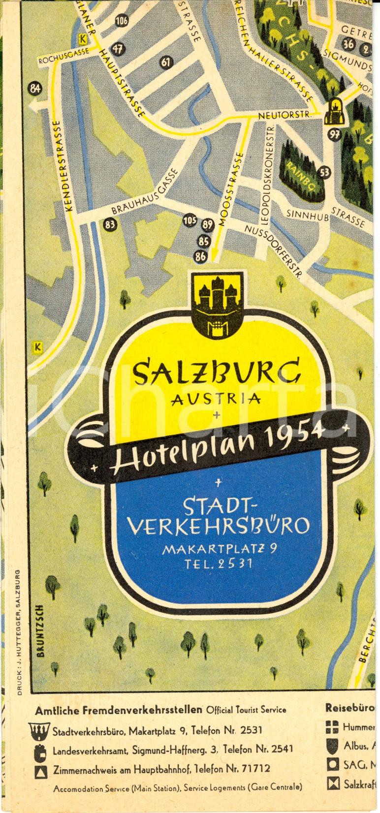 Materiale pubblicitario d’epoca 1954 SALZBURG AUSTRIA Hotelplan Mappa PUBBLICITARIA con elenco alberghi 1