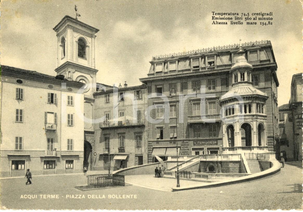 Cartolina originale da collezione 1950 ACQUI TERME AL Piazza della BOLLENTE con la Torre Civica ANIMATA FG VG 1