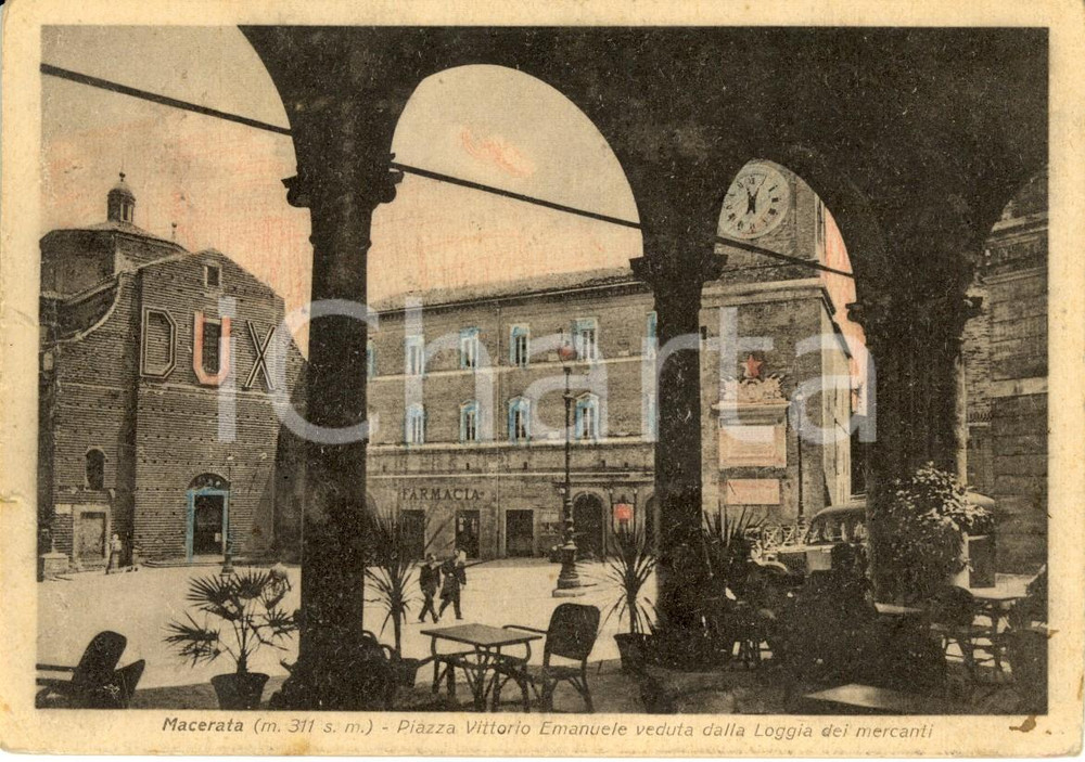 Cartolina originale da collezione 1940 MACERATA Piazza VITTORIO EMANUELE e chiesa SAN PAOLO con scritta DUX FG VG 1