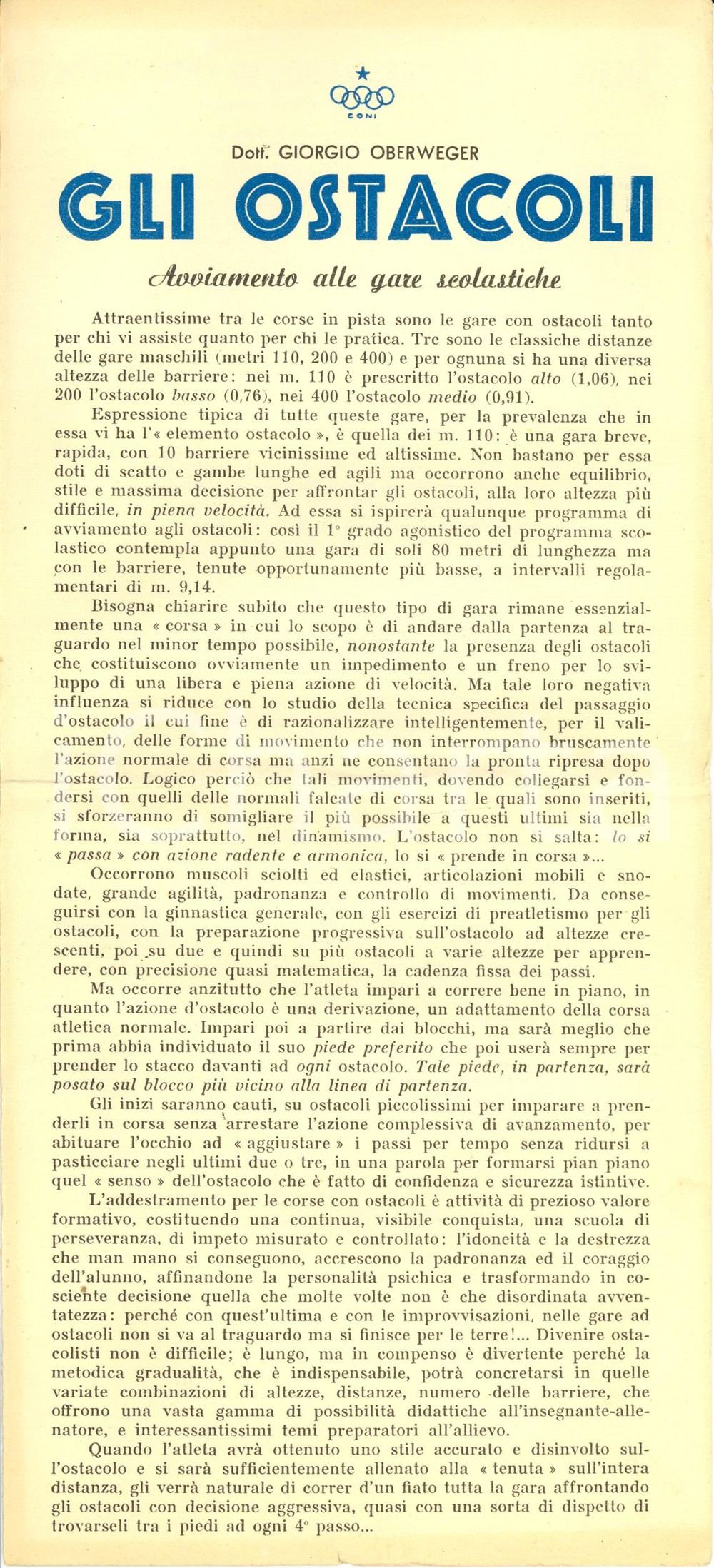 Materiale pubblicitario d’epoca 1954 CONI Giorgio OBERWEGER Gli ostacoli Avviamento gare scolastiche ILLUSTRATO 1