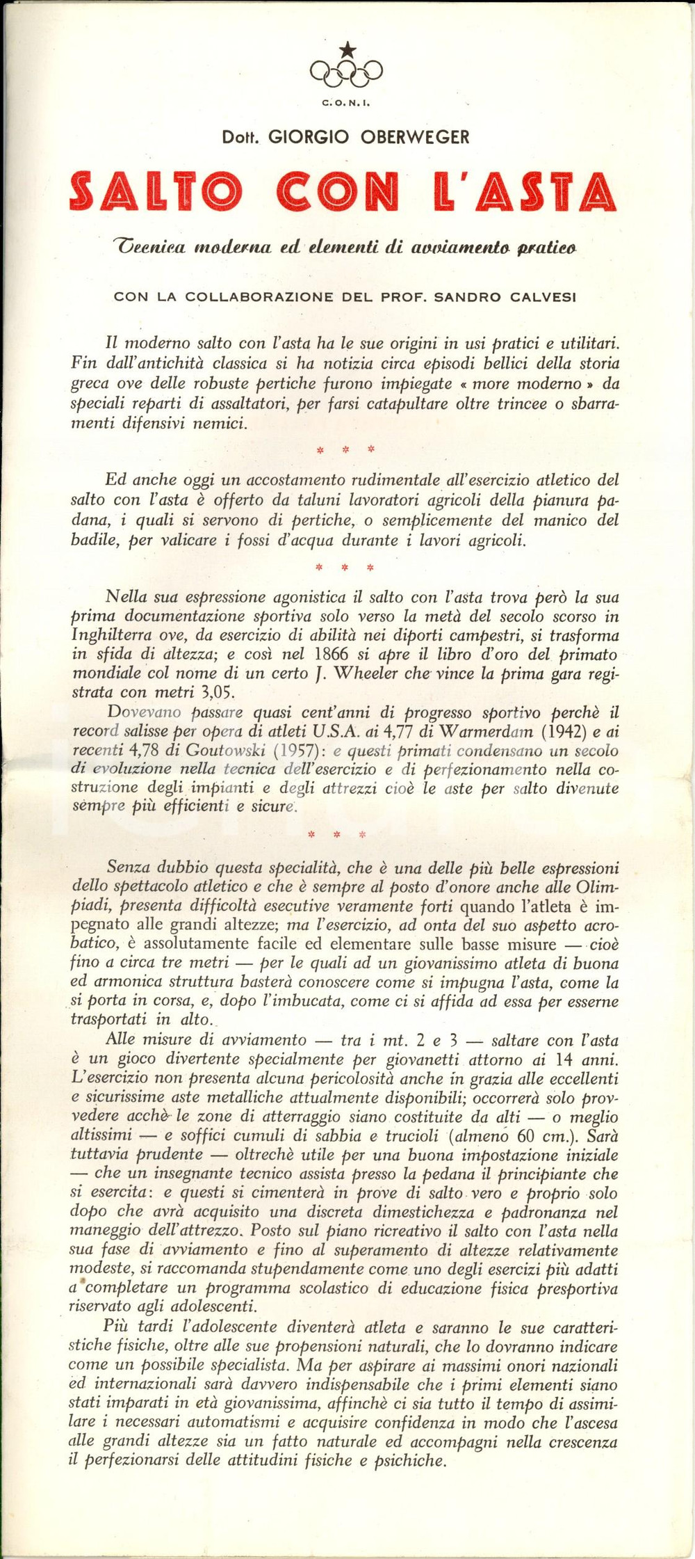 Materiale pubblicitario d’epoca 1954 CONI Giorgio OBERWEGER Salto con l asta Avviamento pratico ILLUSTRATO 1