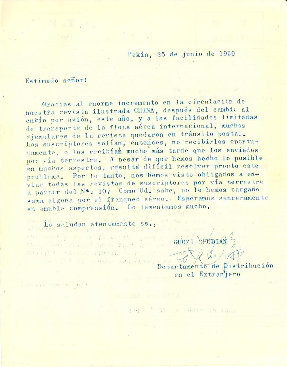 Manoscritto, lettera originale 1959 BEIJING Guozi SHUDIAN invia rivista CHINA via terra e non aerea Lettera 1