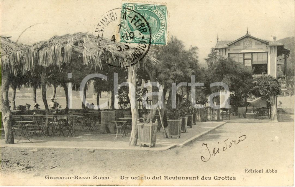 Cartolina originale da collezione 1910 VENTIMIGLIA IM Restaurant des GROTTES a BALZI ROSSI presso GRIMALDI FP VG 1