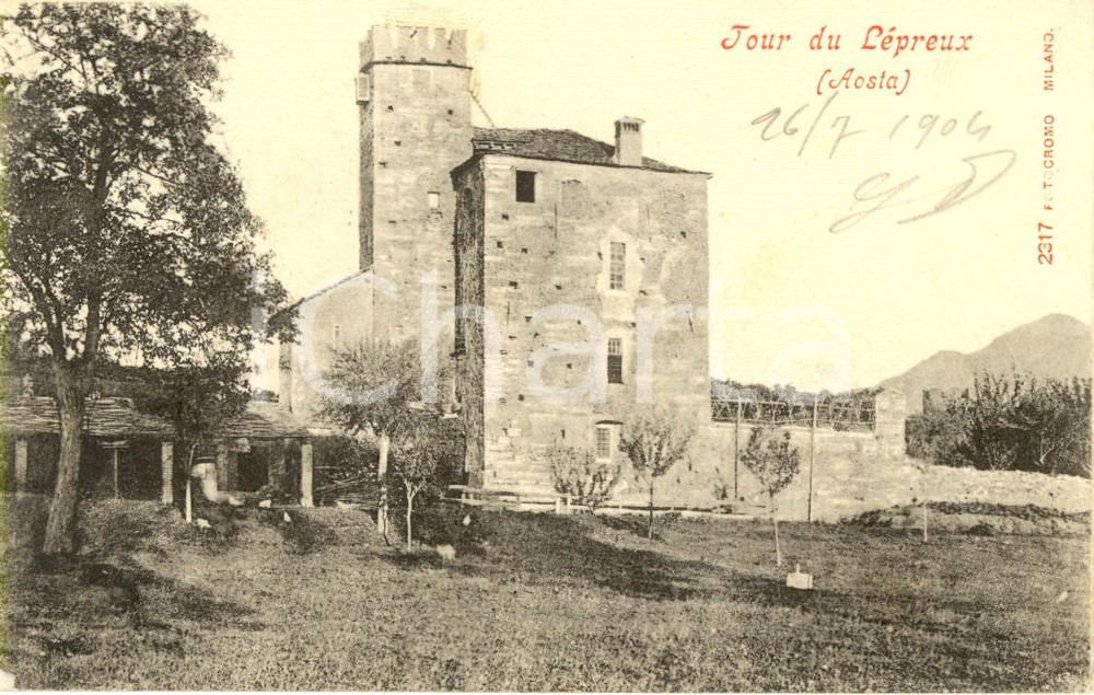 Cartolina originale da collezione 1904 AOSTA Veduta esterna della Tour du LEPREUX Cartolina postale FP VG 1