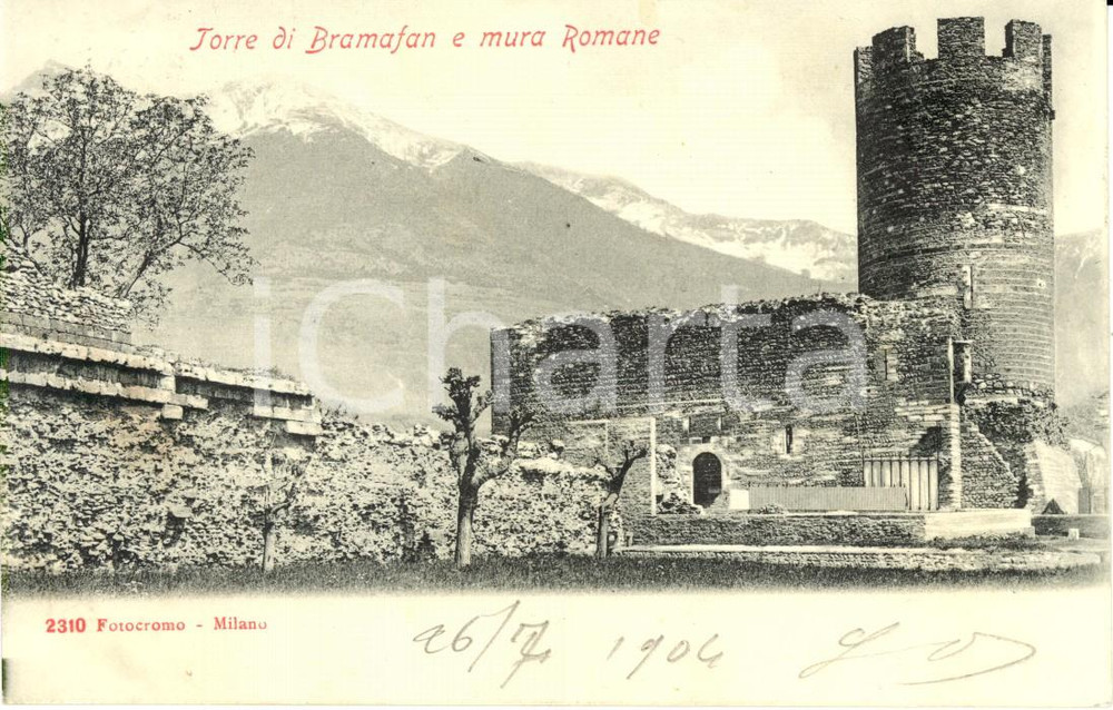 Cartolina originale da collezione 1904 AOSTA Veduta della Torre di BRAMAFAN e delle Mura romane Cartolina FP VG 1