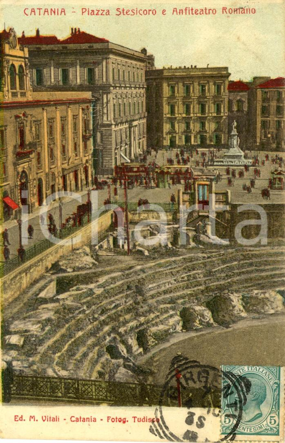 Cartolina originale da collezione 1910 CATANIA Piazza STESICORO con l anfiteatro romano Cartolina ANIMATA FP VG 1