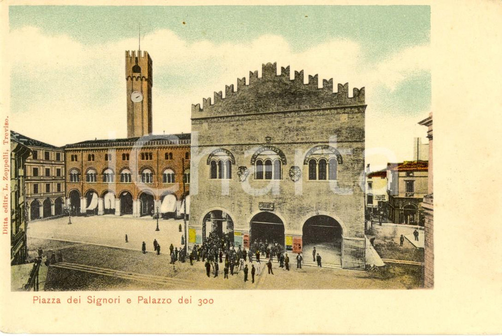 Cartolina originale da collezione 1900 ca TREVISO Veduta Palazzo dei TRECENTO e Piazza dei SIGNORI ANIMATA FP NV 1
